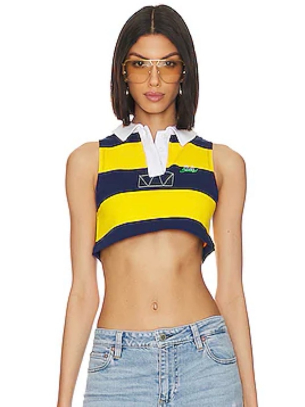 Jaded London Yellow and Navy Striped Cropped Polo
